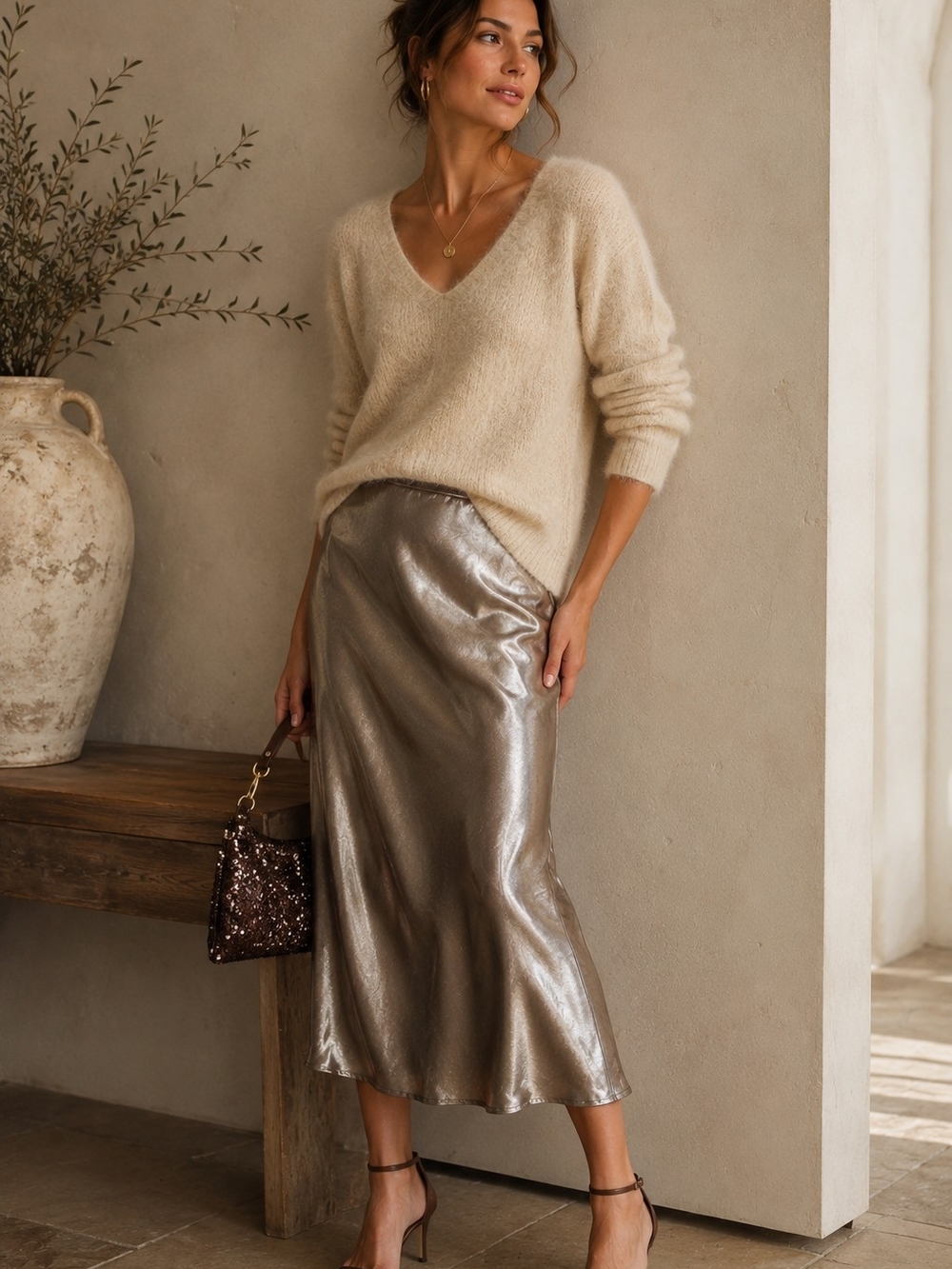 By Anthropologie Metallic Satin Midi Skirt Pewter Taupe Size S